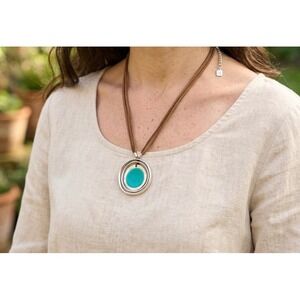 Alm Soho Turquoise Resin Silver Tone Hammered Circle Pendant Suede Cord Necklace